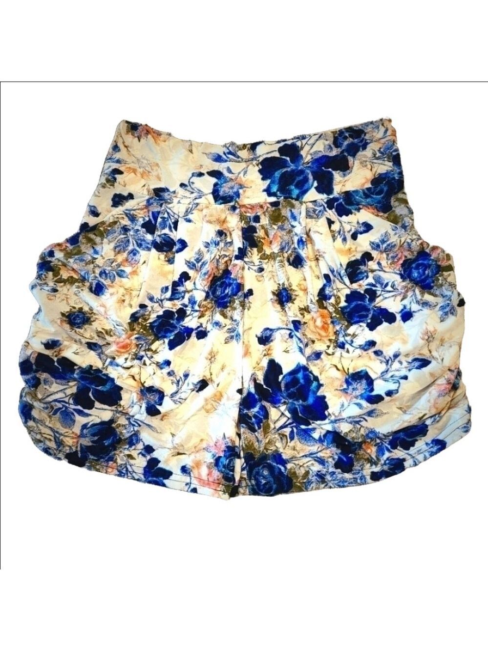 Floral High-Waisted Smocked Side Shorts Ruched Blue Casual Womens Medium